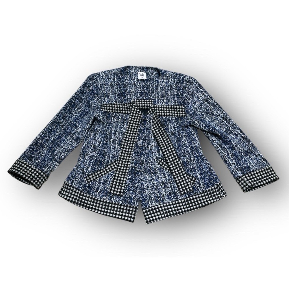 CAbi Women's 21 Club Blue Black Tweed Jacket Blazer XS (16x20") Missing Button - Picture 2 of 7